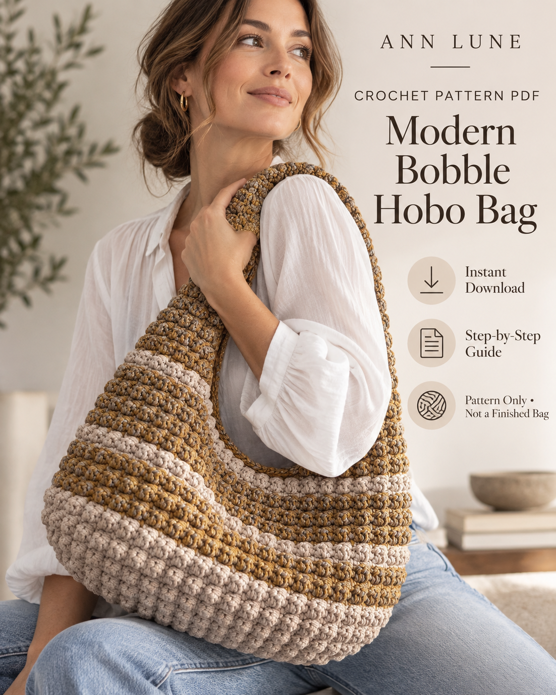 Bobble Hobo Bag Crochet Pattern PDF – Textured Crescent Shoulder Bag, Modern Crochet Purse Pattern, Instant Download