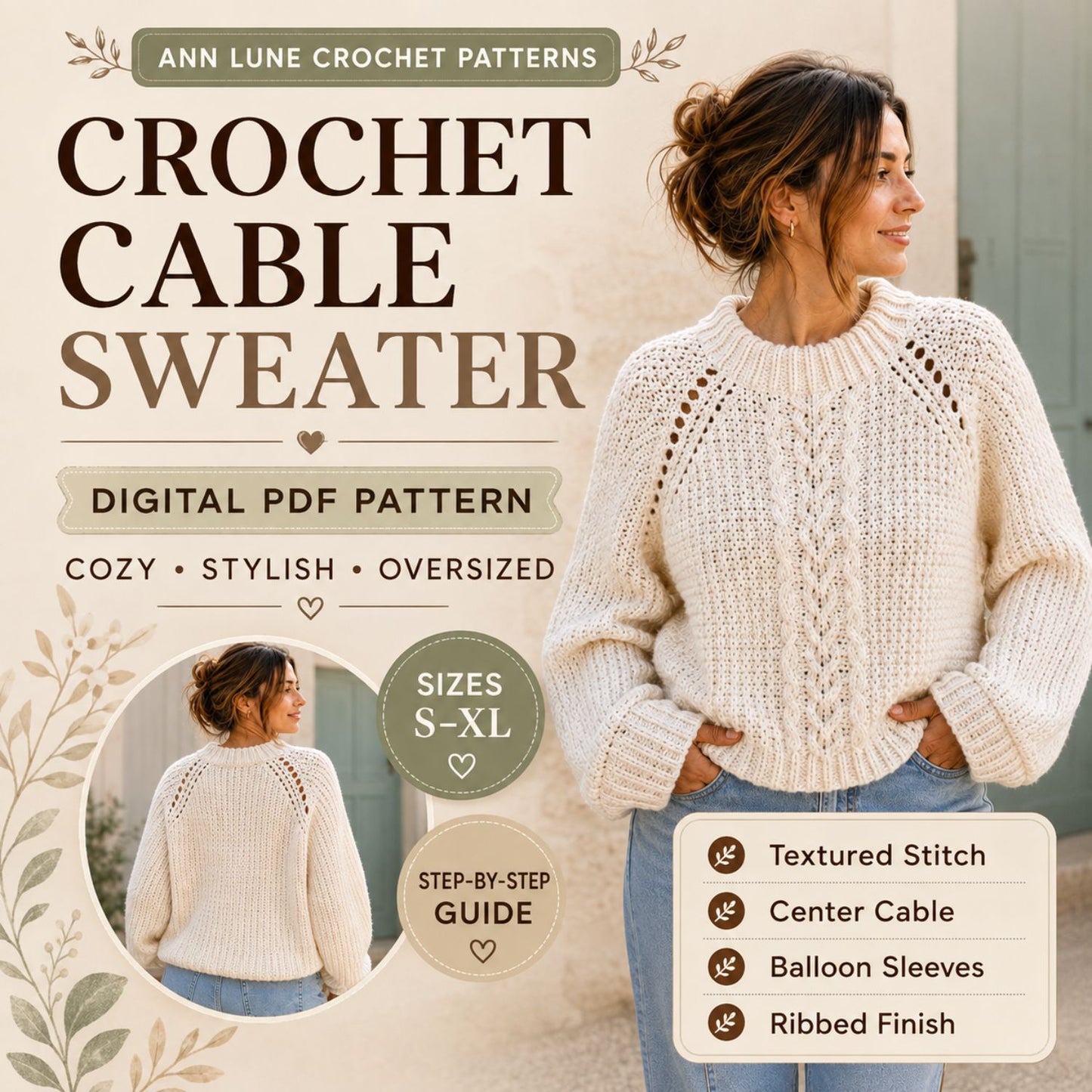 Crochet Cable Sweater Pattern PDF – Oversized Textured Pullover with Balloon Sleeves, Sizes S–XL