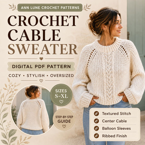 Crochet Cable Sweater Pattern PDF – Oversized Textured Pullover with Balloon Sleeves, Sizes S–XL
