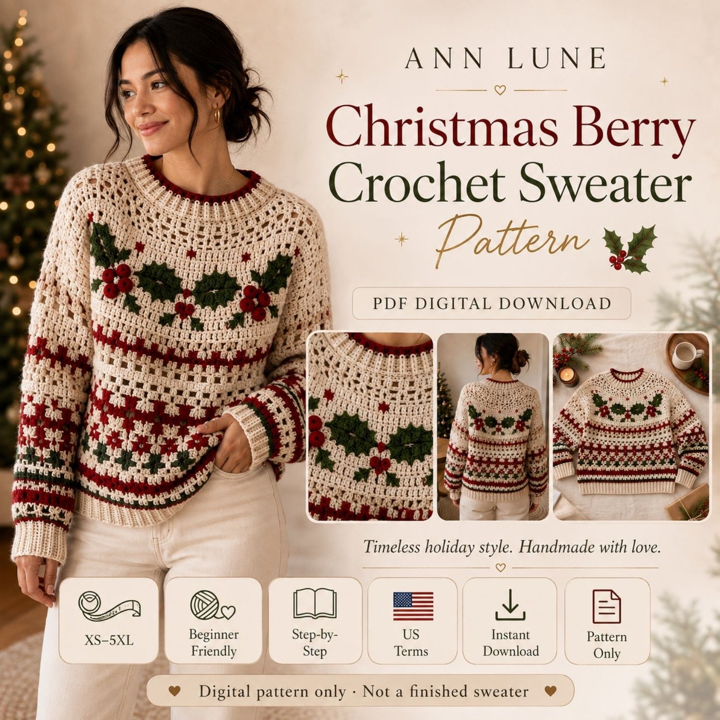 Christmas Berry Crochet Sweater Pattern PDF – Holly & Berry Holiday Pullover, Sizes XS–5XL, Beginner-Friendly Crochet Pattern