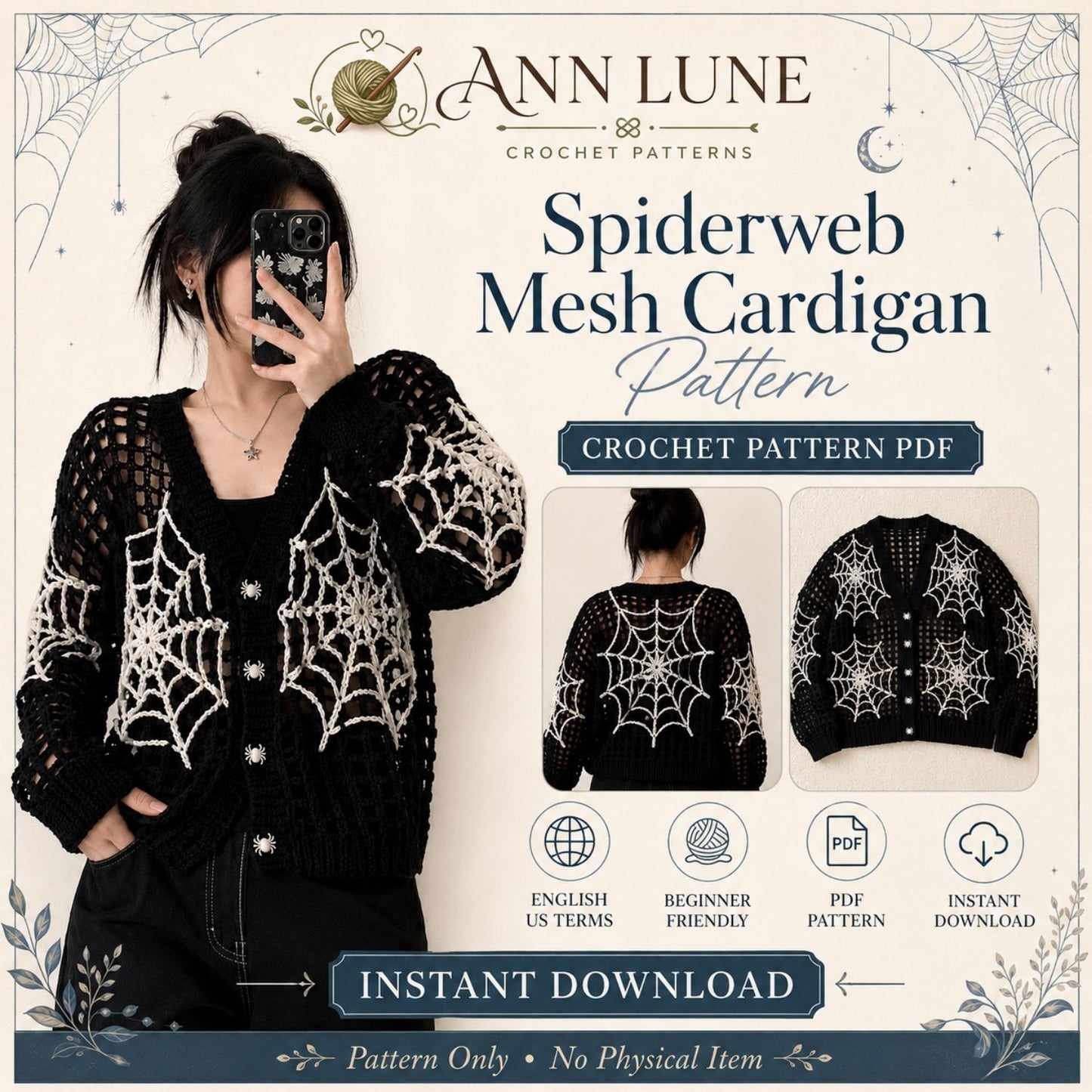 Spiderweb Mesh Cardigan Crochet Pattern PDF, Gothic Halloween Crochet Sweater Pattern, Spooky Crochet Cardigan, Digital Download