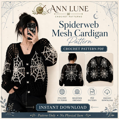 Spiderweb Mesh Cardigan Crochet Pattern PDF, Gothic Halloween Crochet Sweater Pattern, Spooky Crochet Cardigan, Digital Download