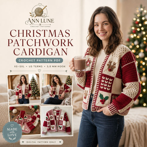 Christmas Patchwork Cardigan Crochet Pattern PDF, Holiday Granny Square Sweater Pattern, Reindeer & Holly Cardigan, Sizes XS–5XL