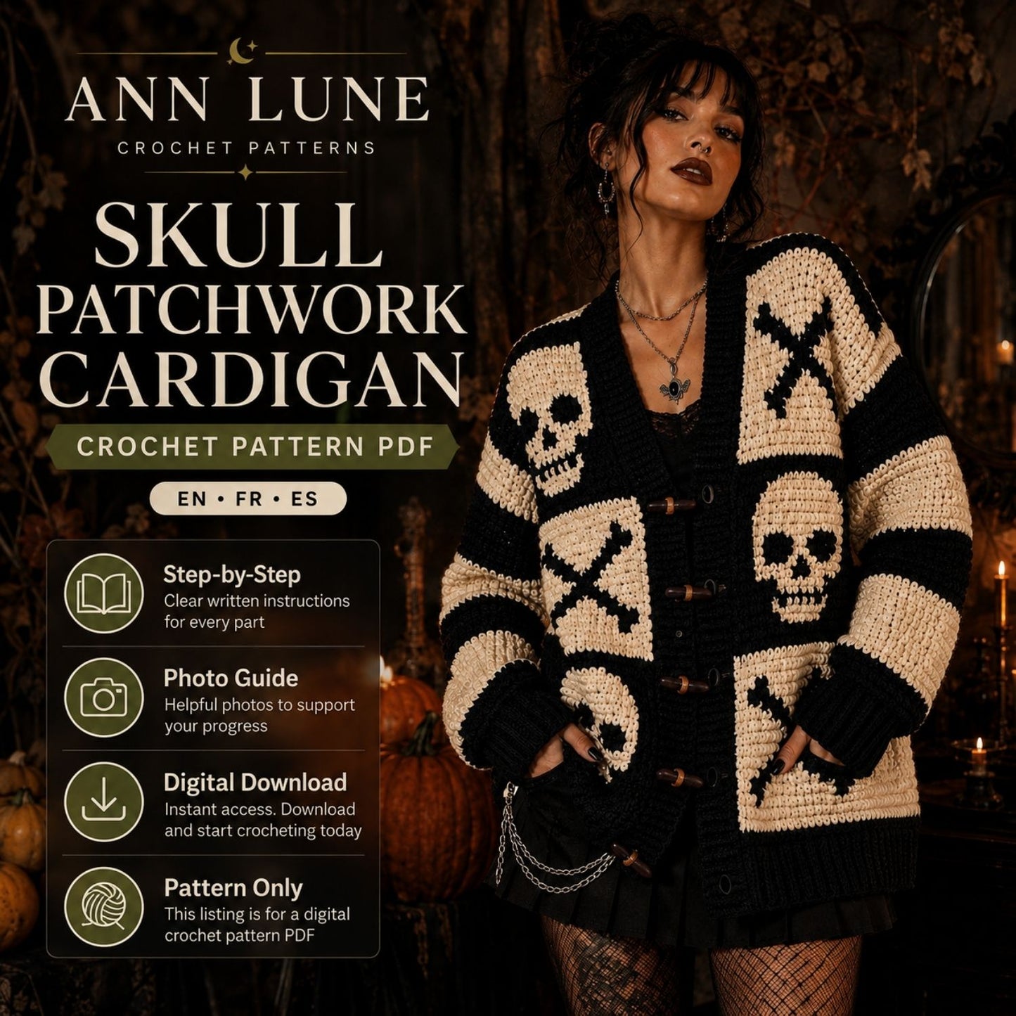 Skull Patchwork Cardigan Crochet Pattern PDF, Gothic Halloween Granny Square Sweater, 3 Languages