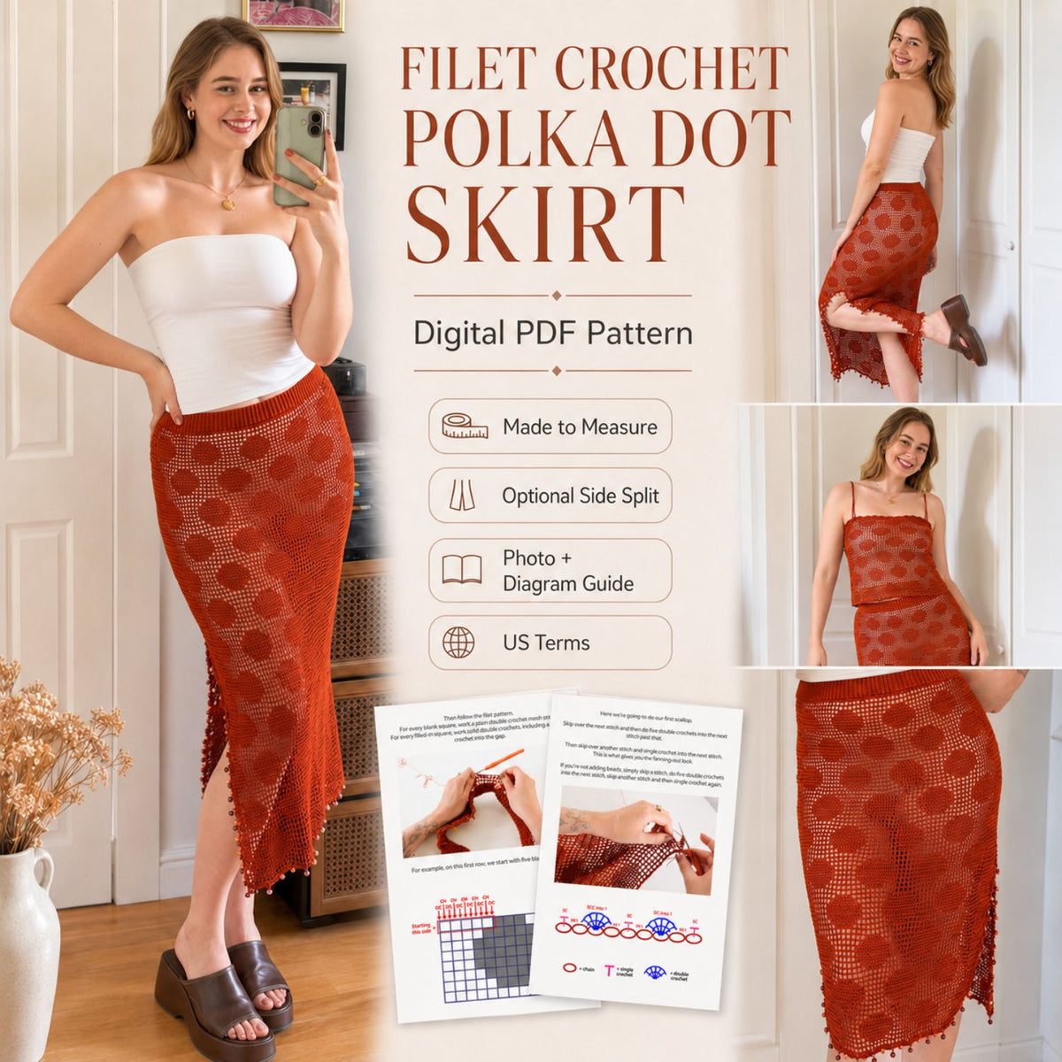 Filet Crochet Polka Dot Skirt Pattern PDF – Made-to-Measure Crochet Maxi Skirt, Side Split & Scalloped Hem