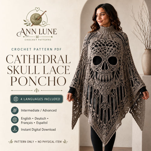 Skull Lace Poncho Crochet Pattern PDF, Gothic Cathedral Skull Poncho Pattern, Halloween Crochet Cape, 4 Languages Digital Download