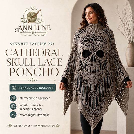 Skull Lace Poncho Crochet Pattern PDF, Gothic Cathedral Skull Poncho Pattern, Halloween Crochet Cape, 4 Languages Digital Download