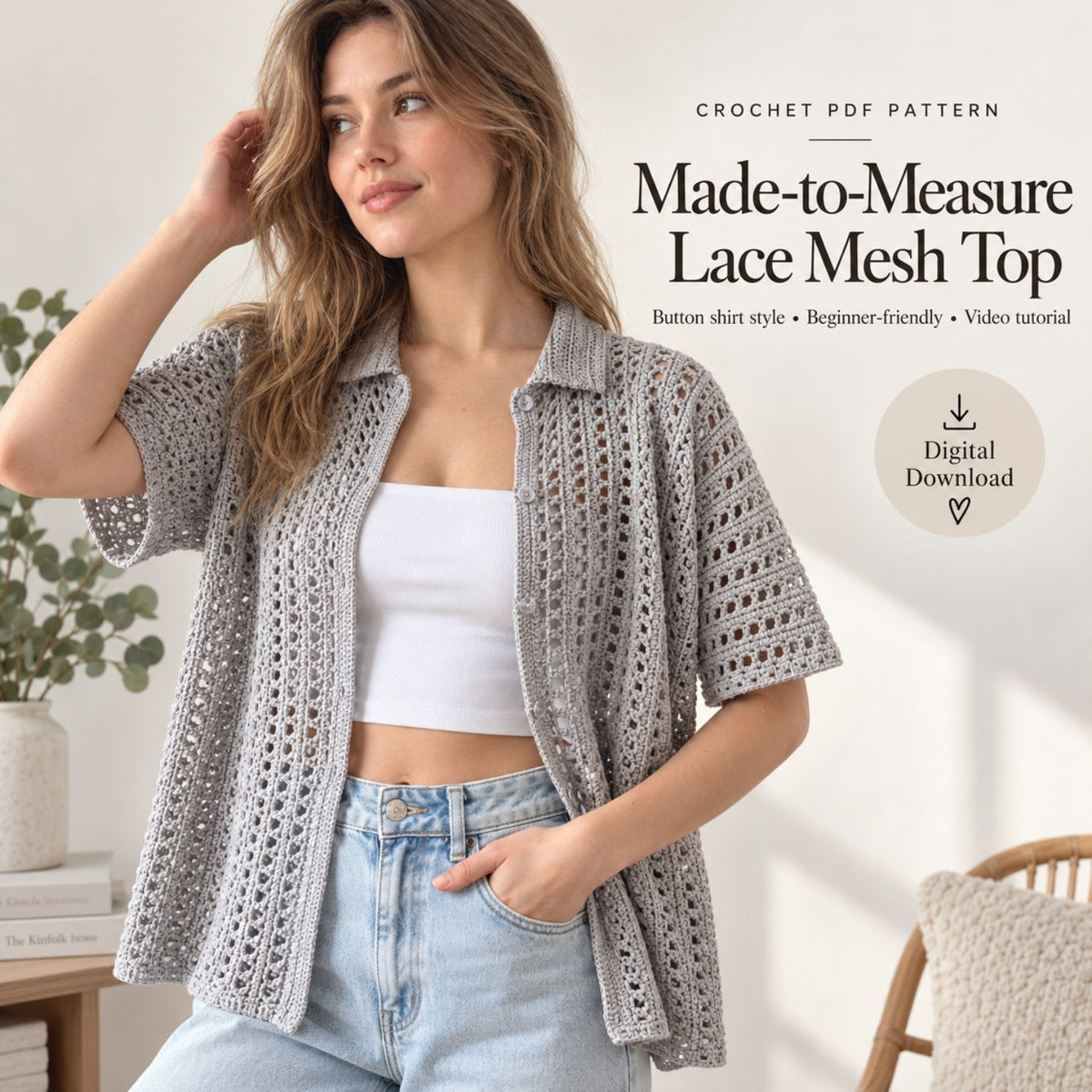 Made-to-Measure Lace Crochet Shirt Pattern PDF – Button-Up Mesh Cardigan, Beginner-Friendly Crochet Top