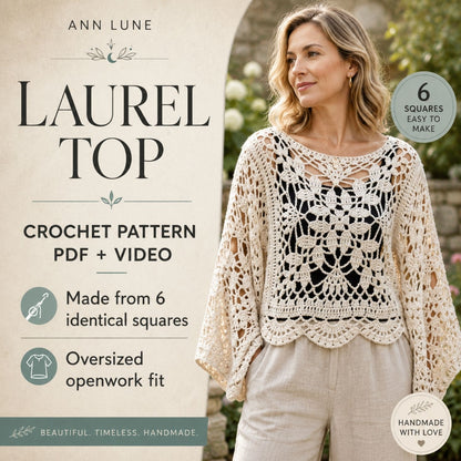 Laurel Top Crochet Pattern PDF + Video Tutorial, 6-Square Motif Crochet Sweater, Oversized Openwork Top Pattern