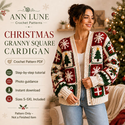 Christmas Granny Square Cardigan Crochet Pattern PDF, Holiday Sweater Pattern, Sizes S–5XL, Step-by-Step Tutorial