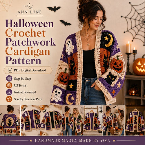 Halloween Crochet Patchwork Cardigan Pattern PDF, Spooky Pumpkin Ghost Cat Sweater, Gothic Fall Crochet Pattern, XS–8XL