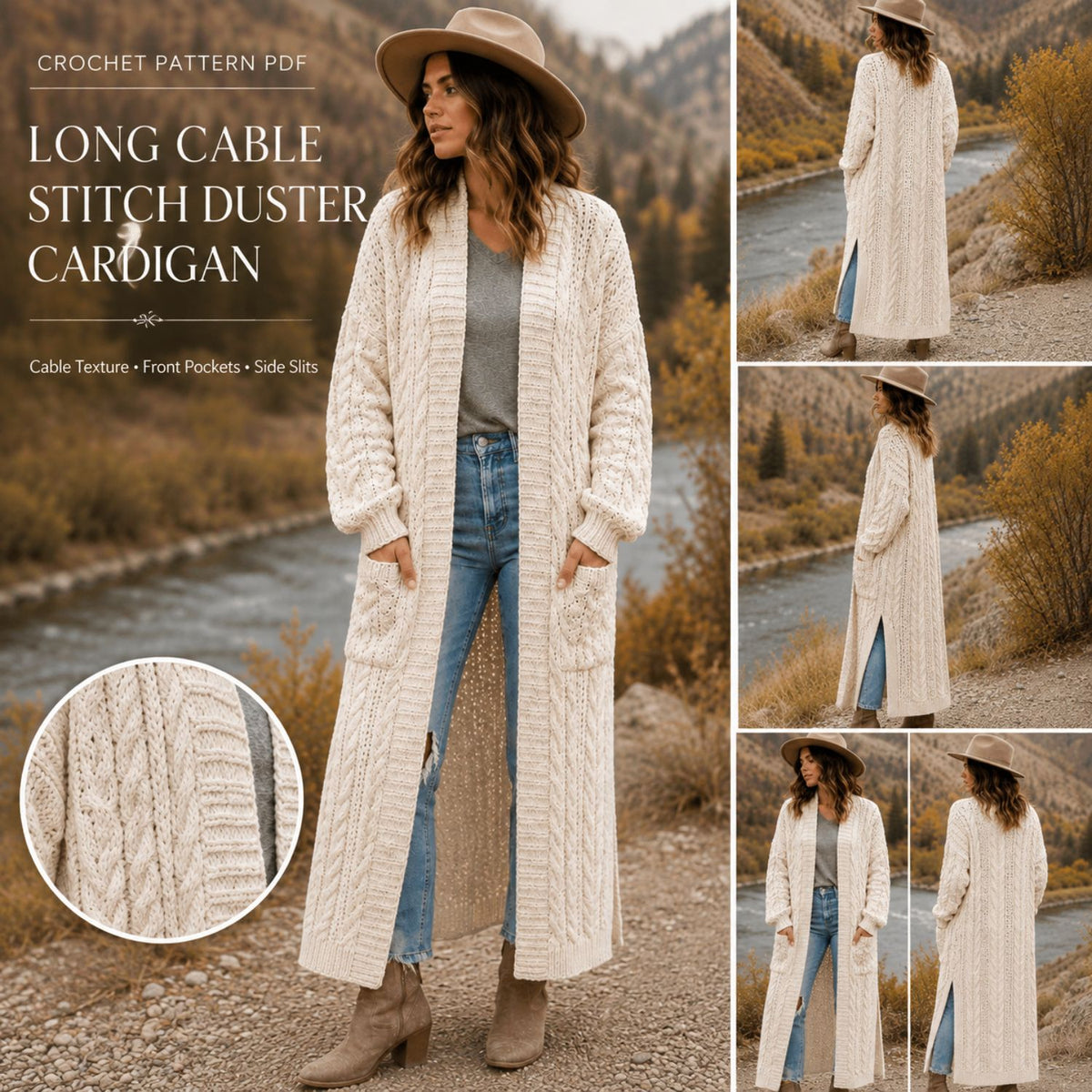 Long Cable Duster Cardigan Crochet Pattern PDF – Long Crochet Cardigan with Pockets, Cable Sweater Pattern XS–6XL