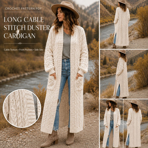 Long Cable Duster Cardigan Crochet Pattern PDF – Long Crochet Cardigan with Pockets, Cable Sweater Pattern XS–6XL
