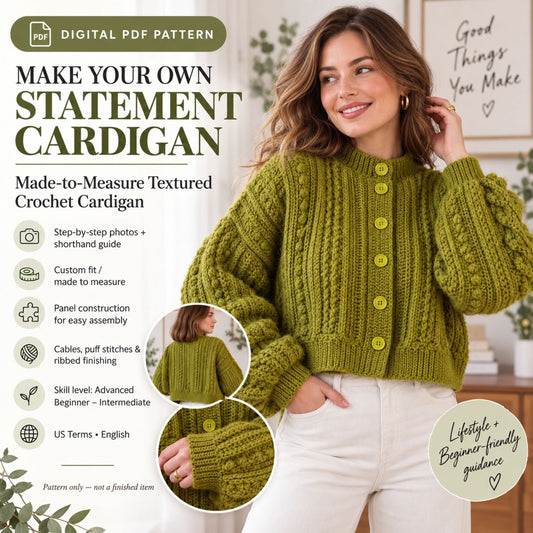 Made-to-Measure Cable Crochet Cardigan Pattern PDF – Textured Button Cardigan with Puff Stitch Panels