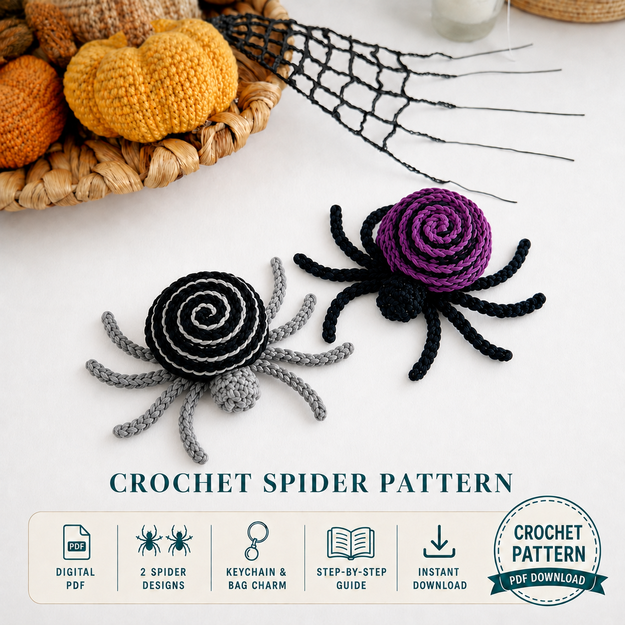 Crochet spider pattern Halloween amigurumi spider keychain & bag charm Tiny spooky crochet PDF