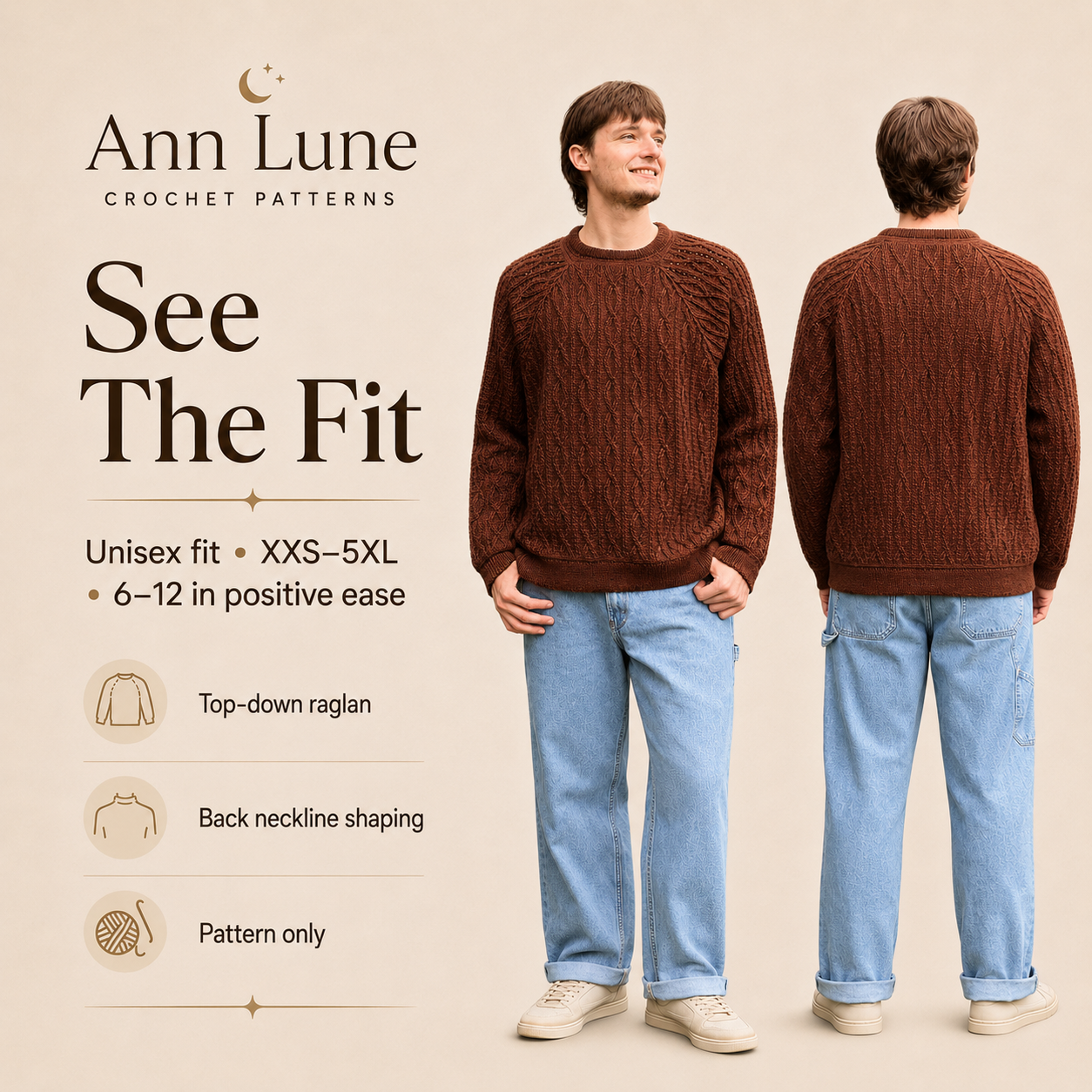 Unisex Crochet Sweater Pattern PDF – Twisting Trails Raglan Sweater, Advanced Crochet Pullover, XXS–5XL, Step-by-Step Tutorial
