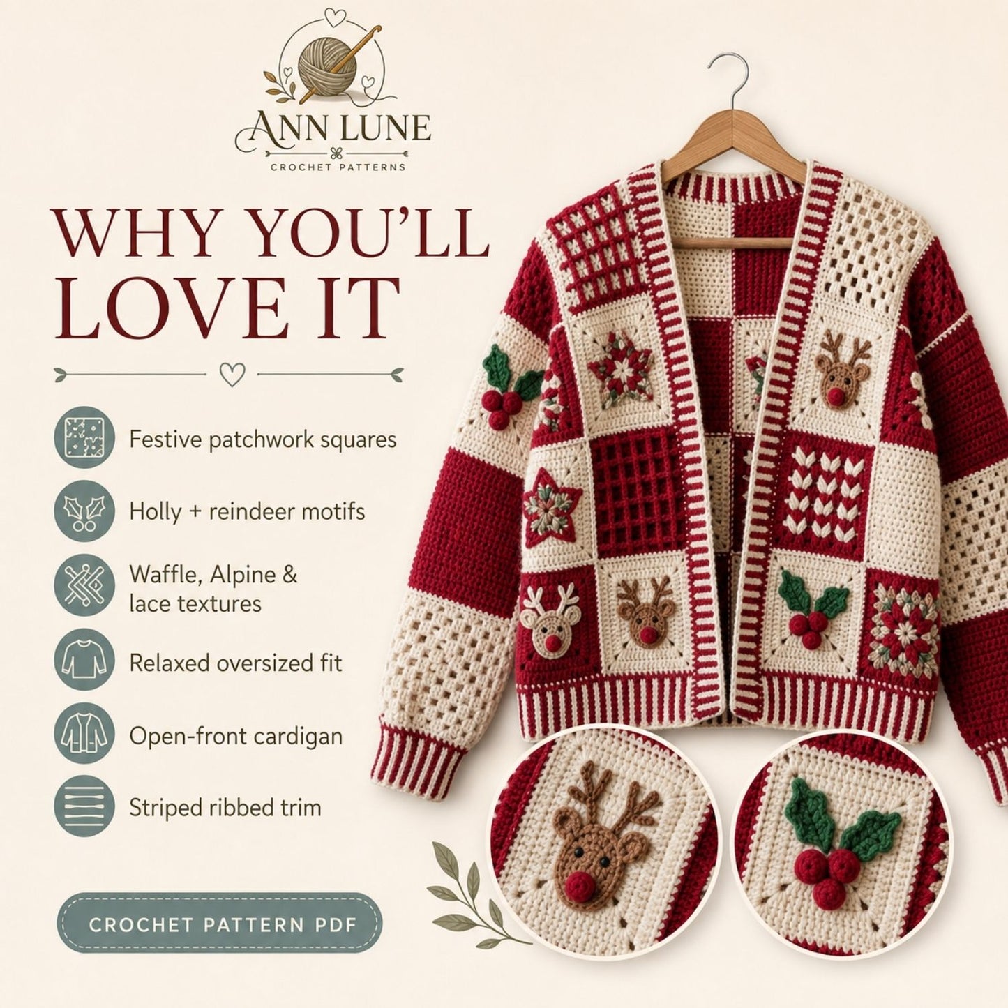 Christmas Patchwork Cardigan Crochet Pattern PDF, Holiday Granny Square Sweater Pattern, Reindeer & Holly Cardigan, Sizes XS–5XL