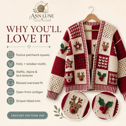 Christmas Patchwork Cardigan Crochet Pattern PDF, Holiday Granny Square Sweater Pattern, Reindeer & Holly Cardigan, Sizes XS–5XL