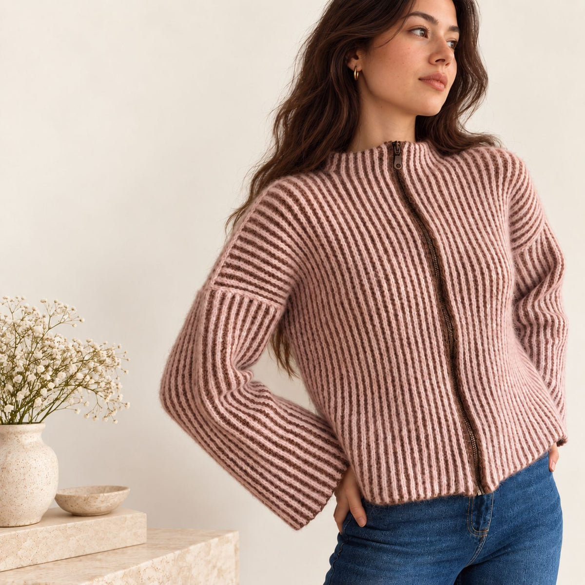 Ribera Zip-Up Sweater Crochet Pattern PDF – Made-to-Measure Ribbed Cardigan