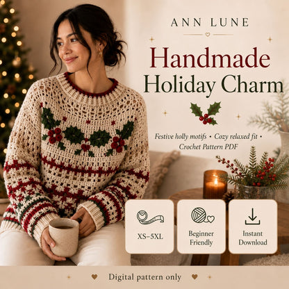 Christmas Berry Crochet Sweater Pattern PDF – Holly & Berry Holiday Pullover, Sizes XS–5XL, Beginner-Friendly Crochet Pattern