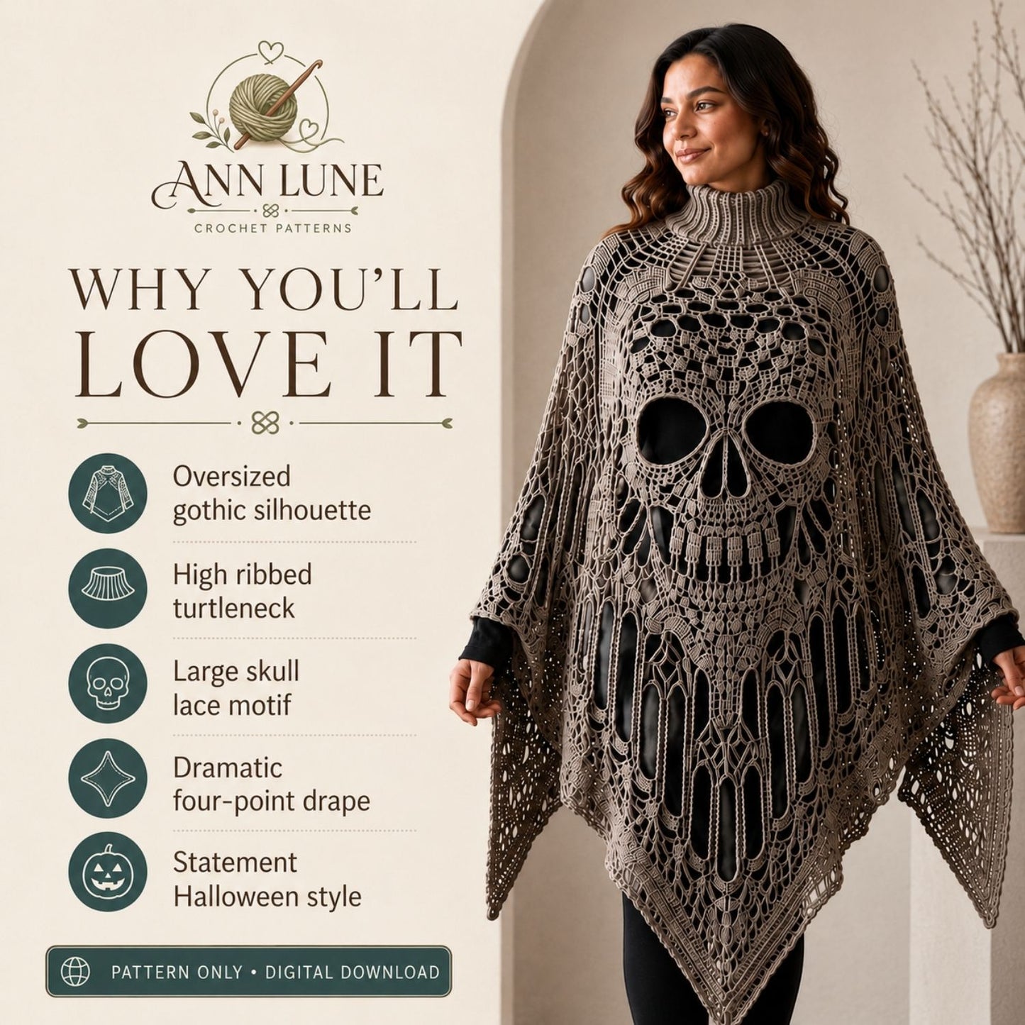 Skull Lace Poncho Crochet Pattern PDF, Gothic Cathedral Skull Poncho Pattern, Halloween Crochet Cape, 4 Languages Digital Download