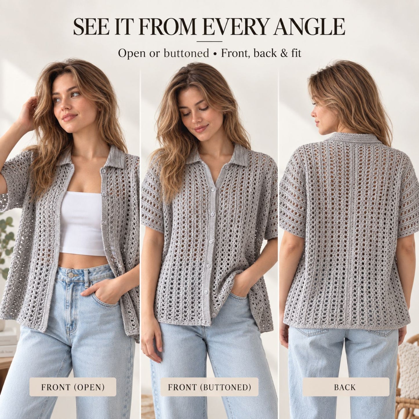 Made-to-Measure Lace Crochet Shirt Pattern PDF – Button-Up Mesh Cardigan, Beginner-Friendly Crochet Top