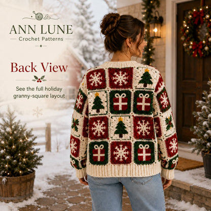 Christmas Granny Square Cardigan Crochet Pattern PDF, Holiday Sweater Pattern, Sizes S–5XL, Step-by-Step Tutorial