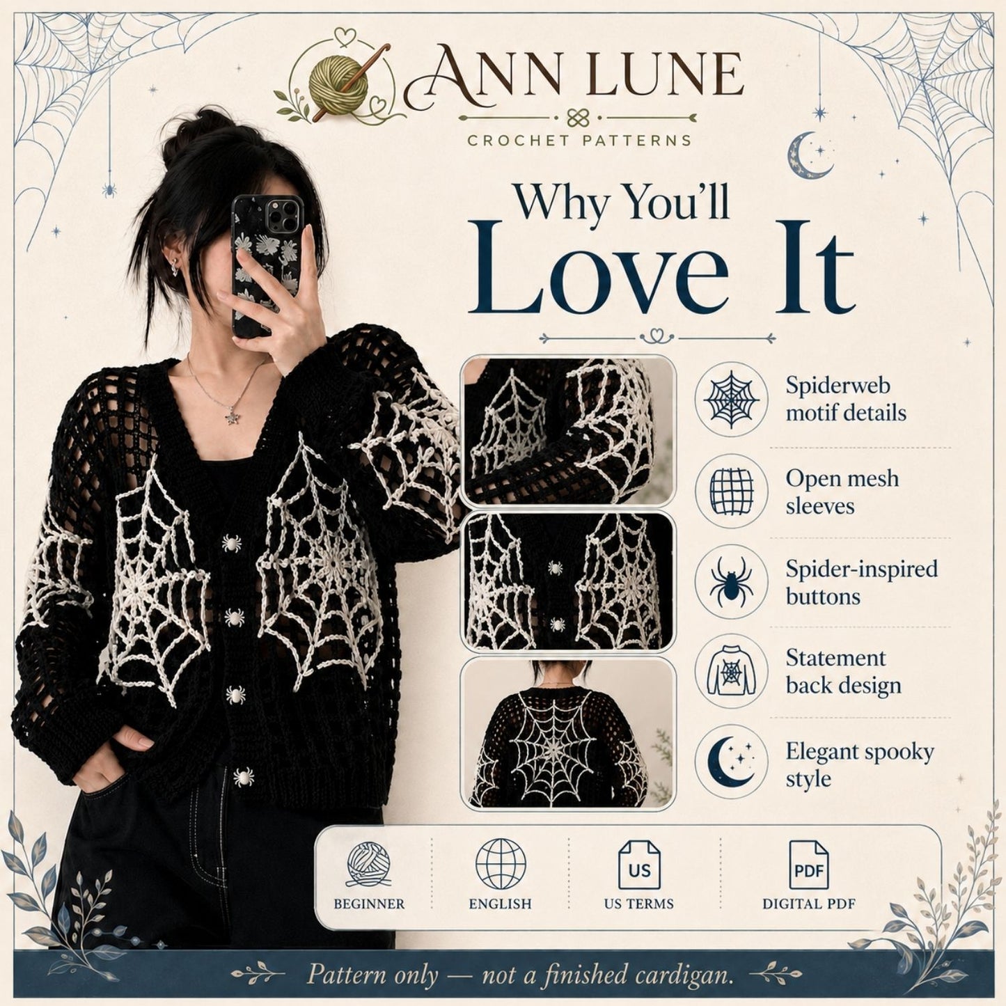 Spiderweb Mesh Cardigan Crochet Pattern PDF, Gothic Halloween Crochet Sweater Pattern, Spooky Crochet Cardigan, Digital Download