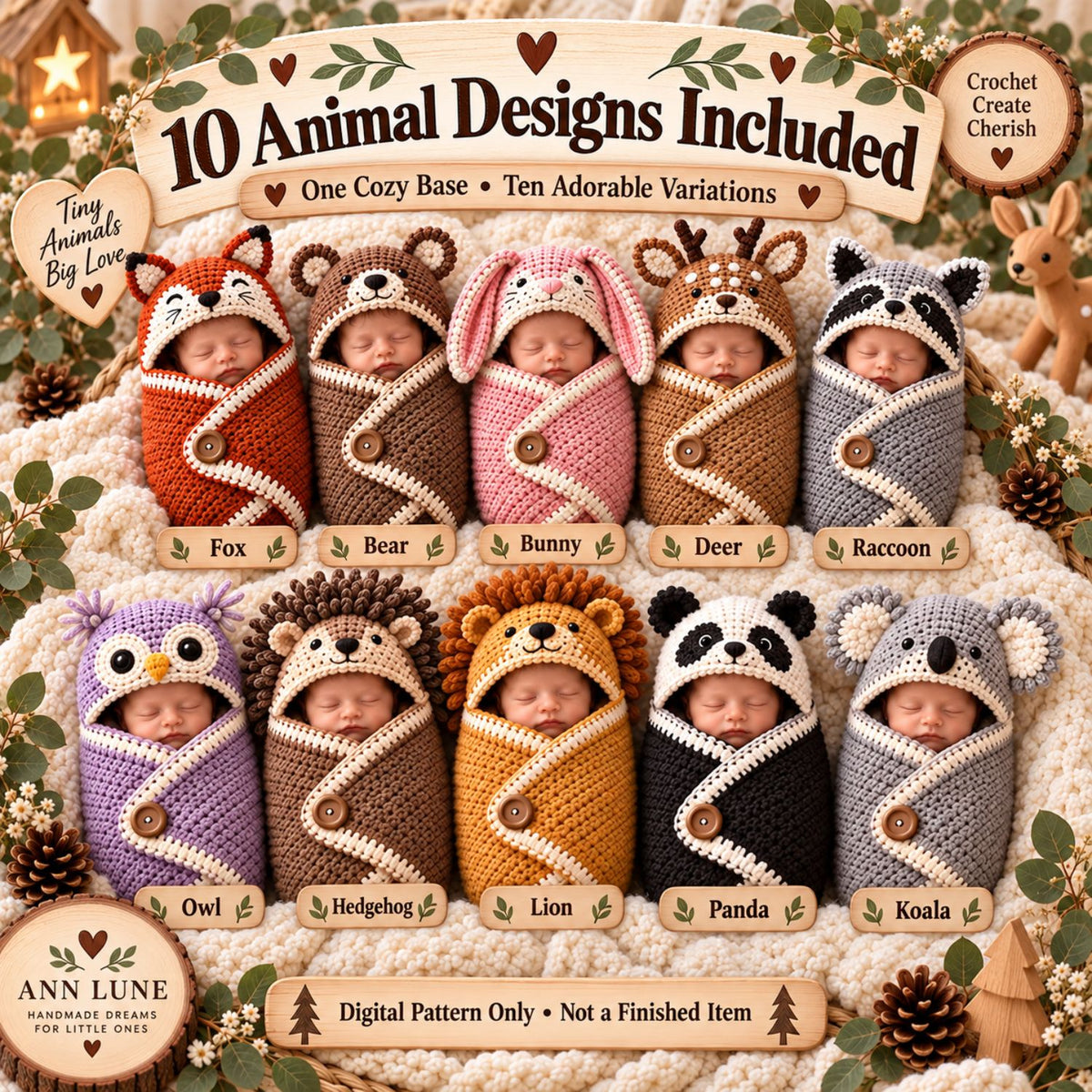 Woodland Animal Baby Cocoon Crochet Pattern Bundle – 10-in-1 Newborn Photo Prop PDF
