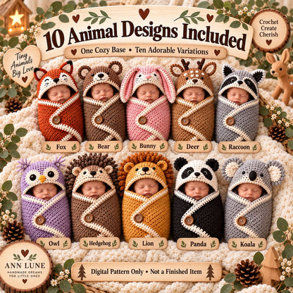 Woodland Animal Baby Cocoon Crochet Pattern Bundle – 10-in-1 Newborn Photo Prop PDF