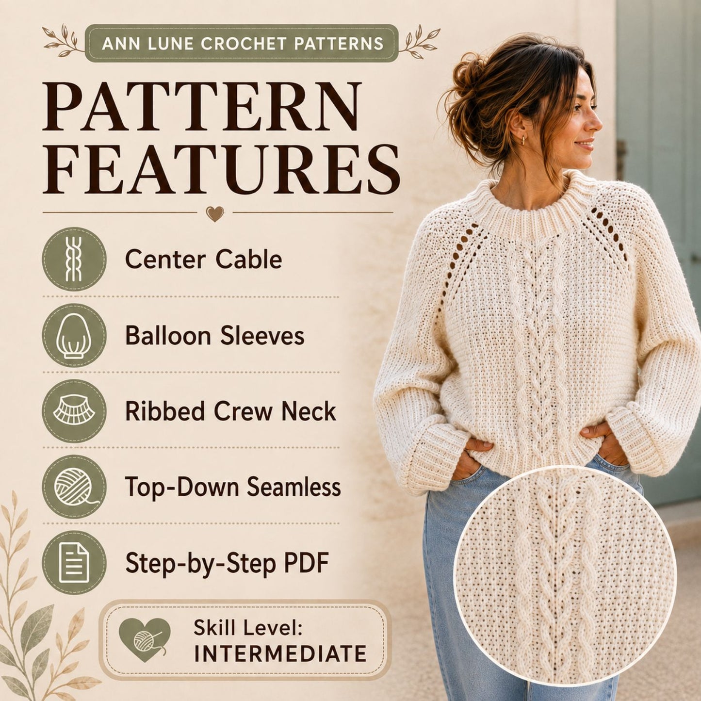 Crochet Cable Sweater Pattern PDF – Oversized Textured Pullover with Balloon Sleeves, Sizes S–XL