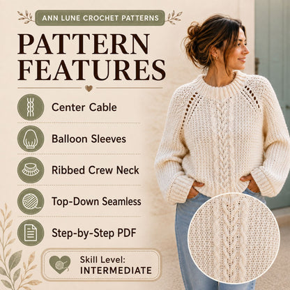 Crochet Cable Sweater Pattern PDF – Oversized Textured Pullover with Balloon Sleeves, Sizes S–XL