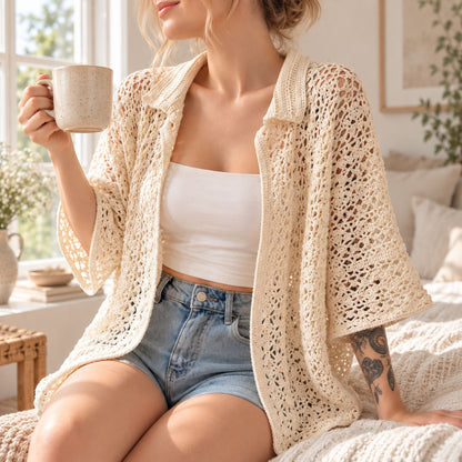 Crochet PDF Pattern | Made-to-Measure Lace Mesh Cardigan | Openwork Shirt Step-by-Step Tutorial
