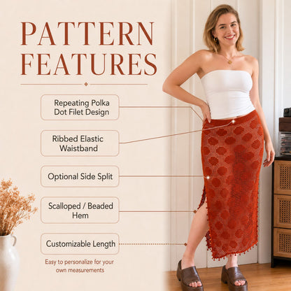 Filet Crochet Polka Dot Skirt Pattern PDF – Made-to-Measure Crochet Maxi Skirt, Side Split & Scalloped Hem