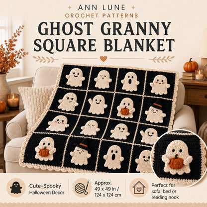 Ghost Granny Square Blanket Crochet Pattern PDF – Halloween Ghost Blanket Pattern, Cute Spooky Crochet Throw, Digital Download