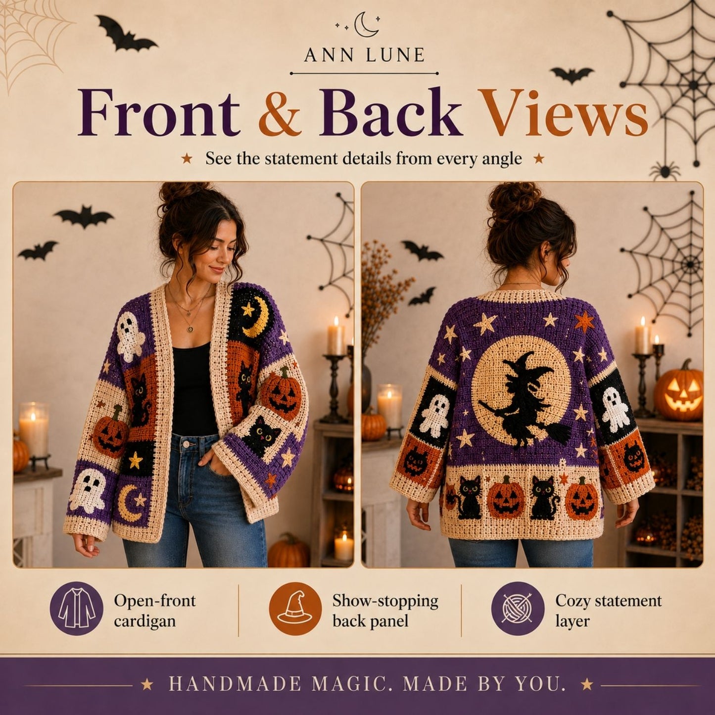 Halloween Crochet Patchwork Cardigan Pattern PDF, Spooky Pumpkin Ghost Cat Sweater, Gothic Fall Crochet Pattern, XS–8XL