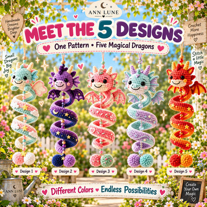 5-in-1 Crochet Dragon Spiral Hanging Pattern PDF – Dragon Ornament & Fantasy Decor Bundle