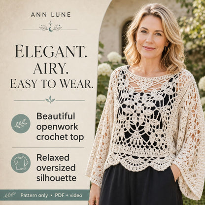 Laurel Top Crochet Pattern PDF + Video Tutorial, 6-Square Motif Crochet Sweater, Oversized Openwork Top Pattern