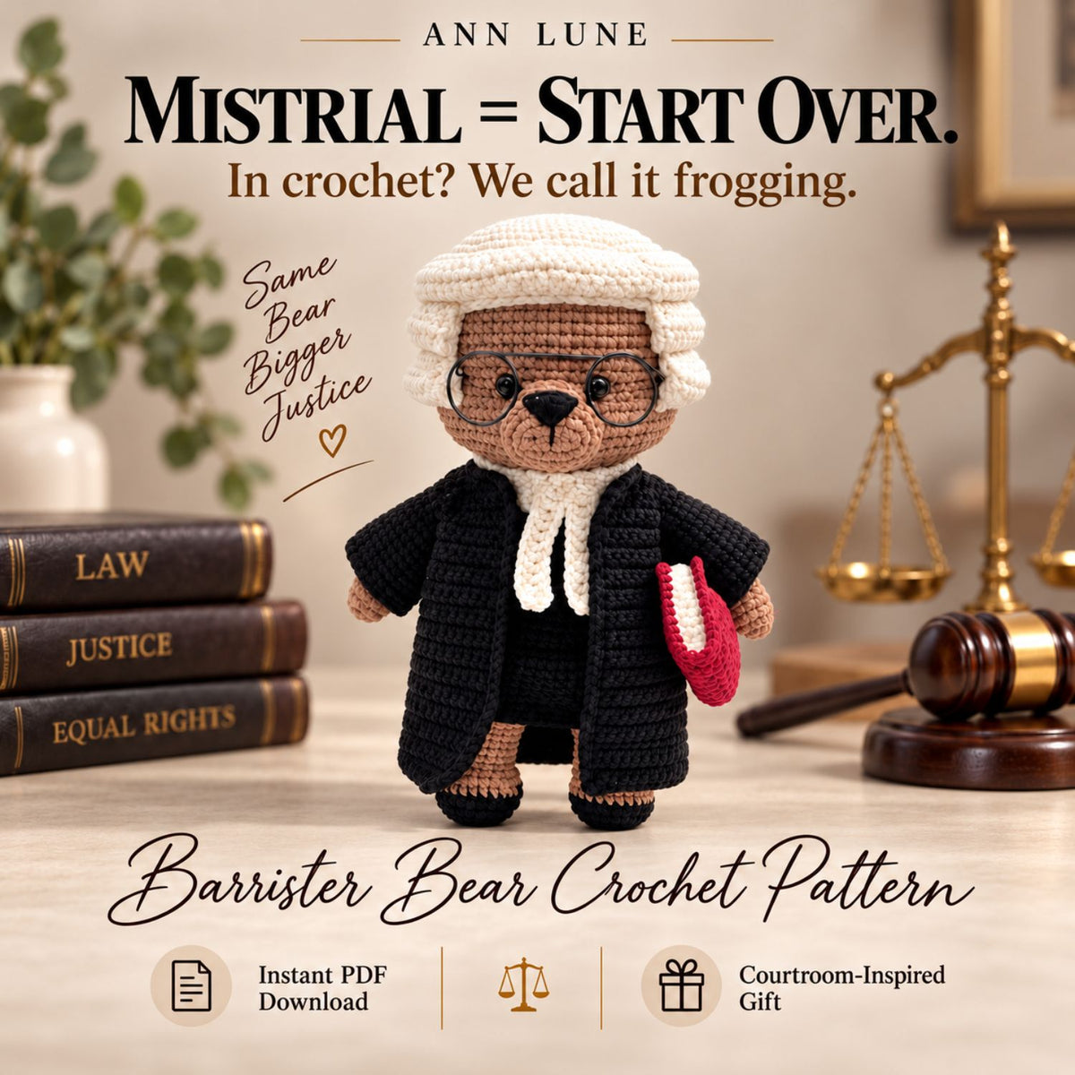 Barrister Bear Crochet Pattern PDF – Judge Bear Amigurumi, Lawyer Gift, Courtroom Crochet Pattern