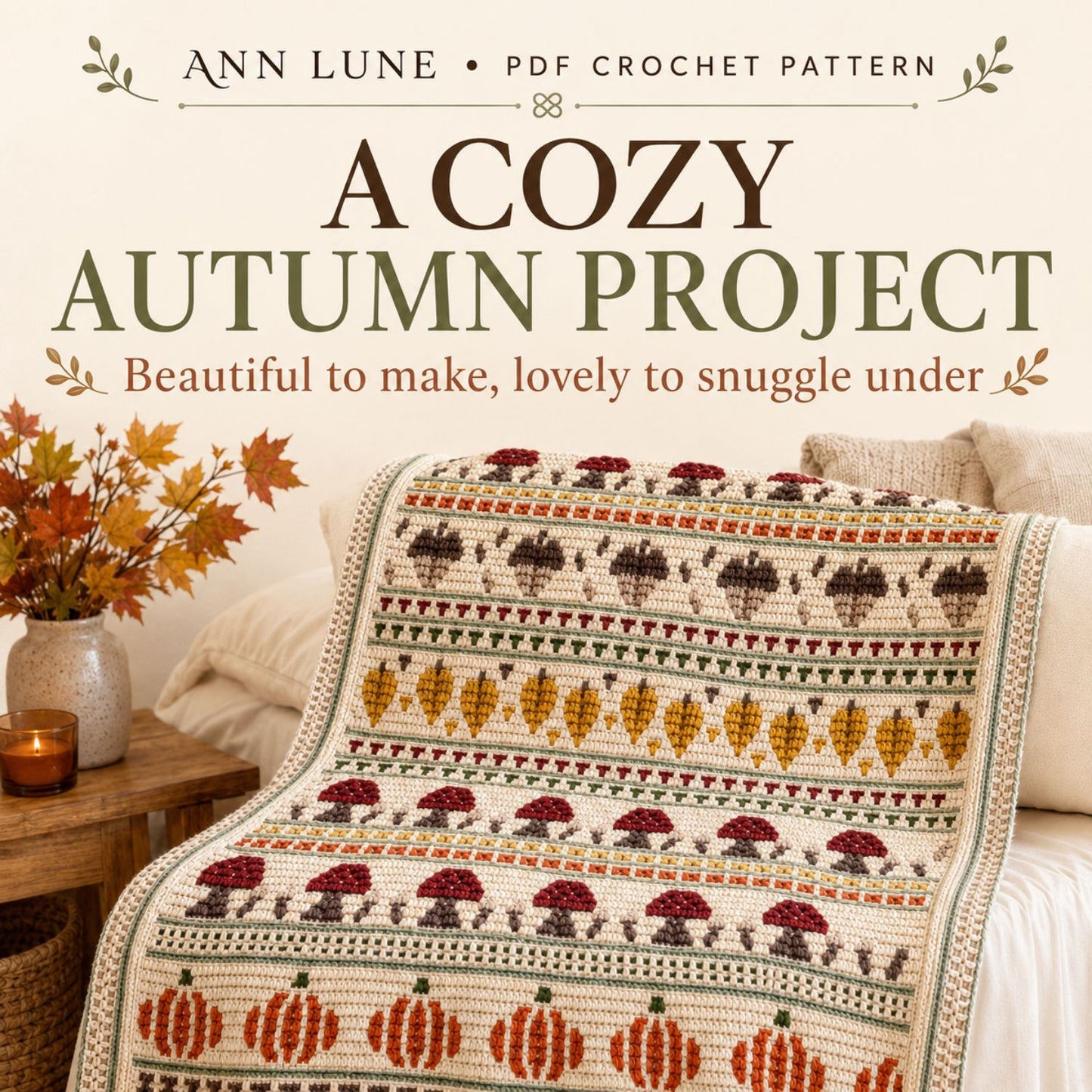 Fall Mosaic Crochet Blanket Pattern PDF, Pumpkin Mushroom Acorn Autumn Blanket, Overlay Mosaic Crochet Pattern