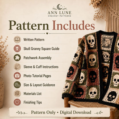 Skull Patchwork Cardigan Crochet Pattern PDF, Gothic Granny Square Sweater Pattern, Sizes XS–5XL