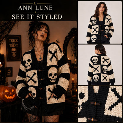 Skull Patchwork Cardigan Crochet Pattern PDF, Gothic Halloween Granny Square Sweater, 3 Languages