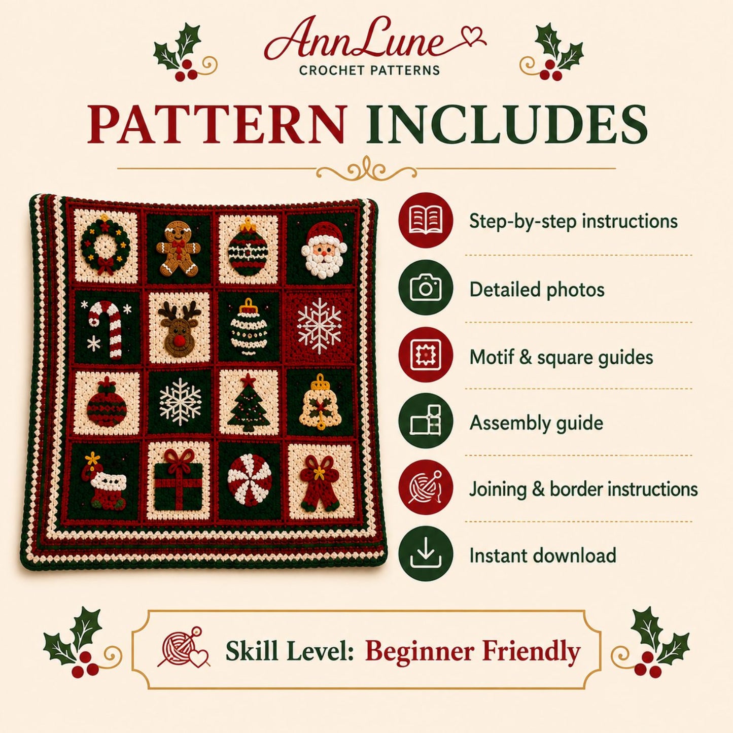Christmas Crochet Blanket Pattern PDF – Granny Square Afghan, 16 Holiday Motifs, 3 Languages, Instant Download