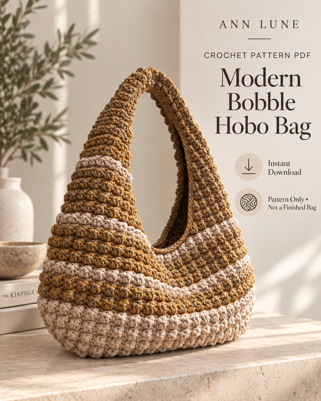 Bobble Hobo Bag Crochet Pattern PDF – Textured Crescent Shoulder Bag, Modern Crochet Purse Pattern, Instant Download