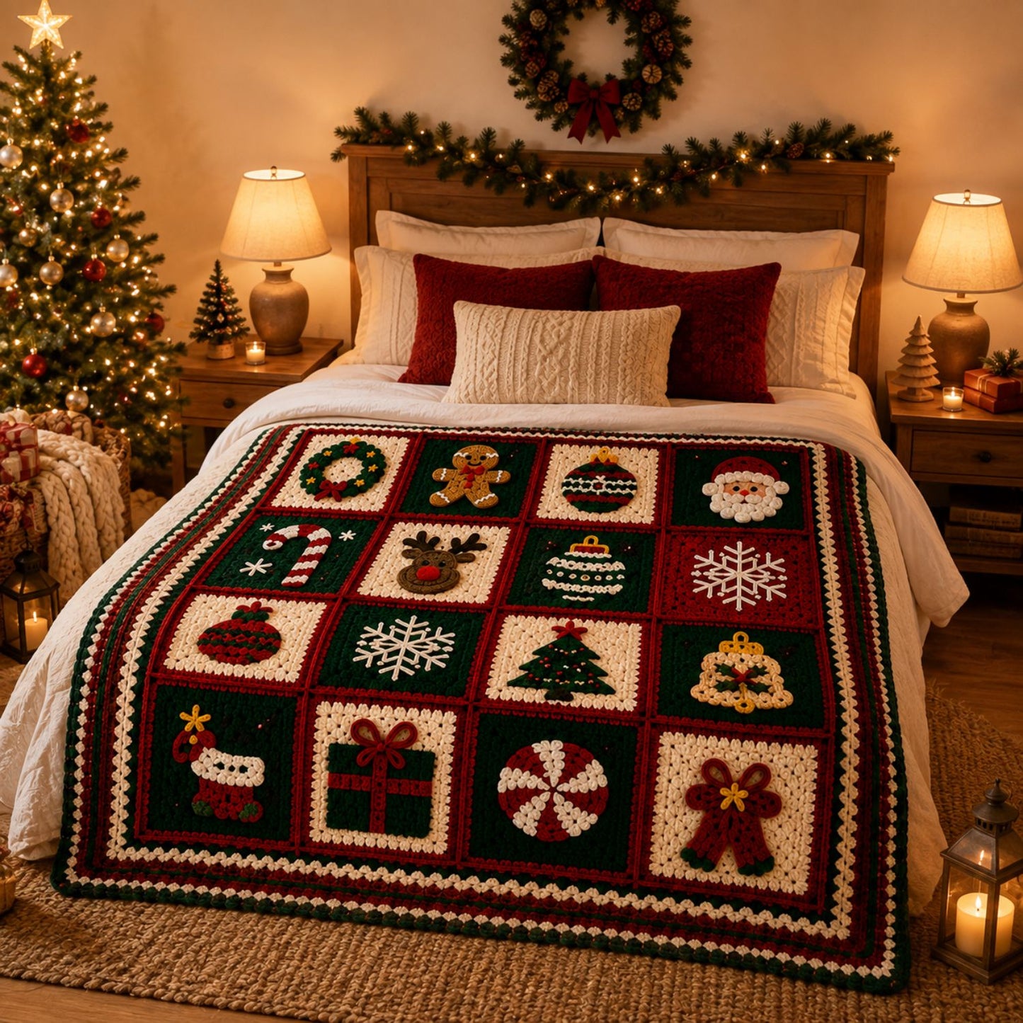 Christmas Crochet Blanket Pattern PDF – Granny Square Afghan, 16 Holiday Motifs, 3 Languages, Instant Download
