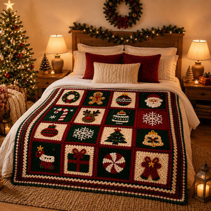 Christmas Crochet Blanket Pattern PDF – Granny Square Afghan, 16 Holiday Motifs, 3 Languages, Instant Download
