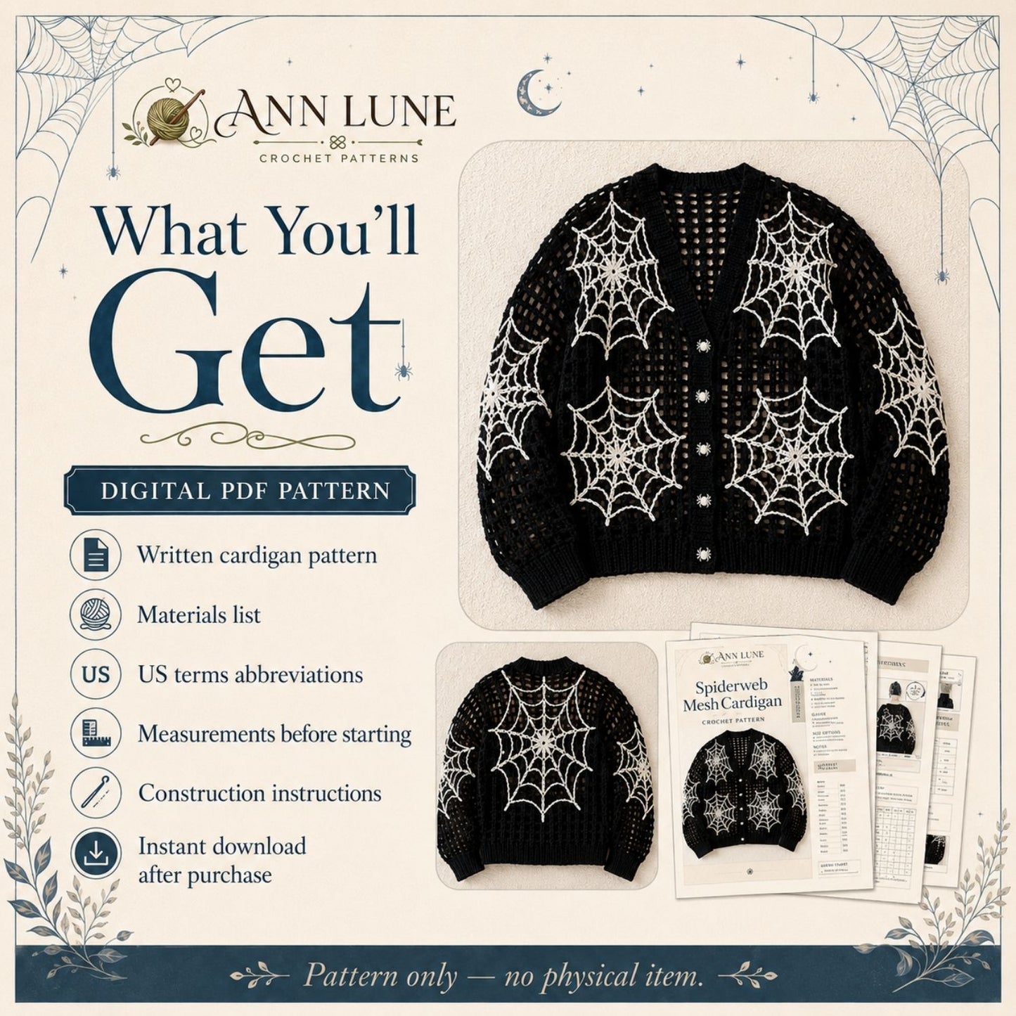 Spiderweb Mesh Cardigan Crochet Pattern PDF, Gothic Halloween Crochet Sweater Pattern, Spooky Crochet Cardigan, Digital Download