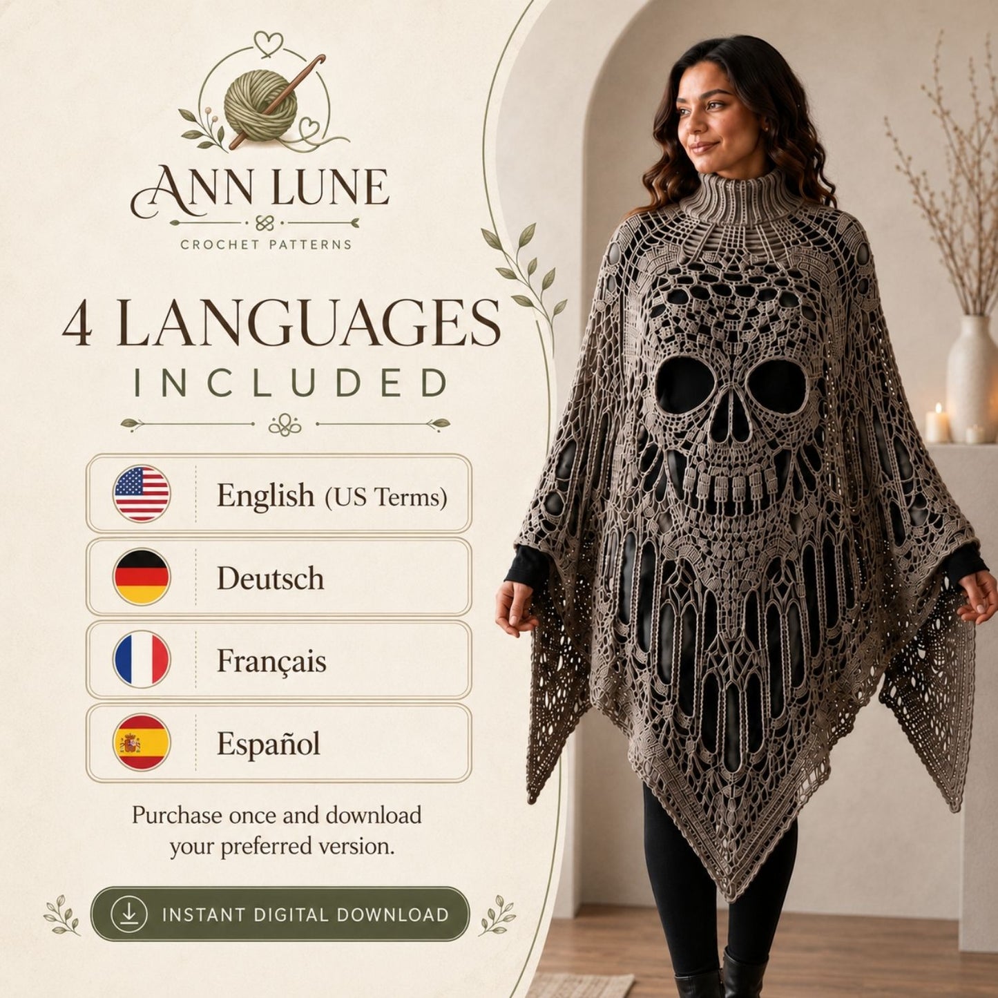 Skull Lace Poncho Crochet Pattern PDF, Gothic Cathedral Skull Poncho Pattern, Halloween Crochet Cape, 4 Languages Digital Download