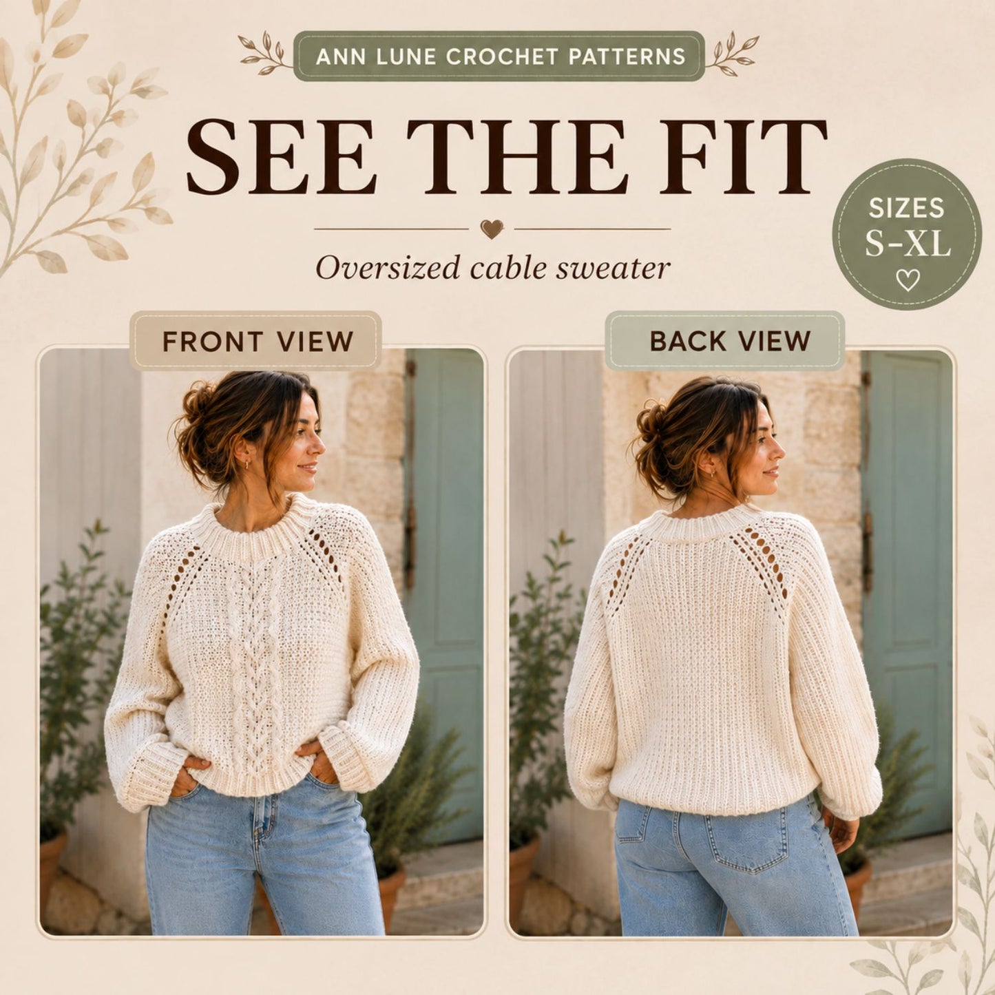 Crochet Cable Sweater Pattern PDF – Oversized Textured Pullover with Balloon Sleeves, Sizes S–XL