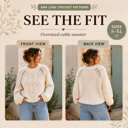 Crochet Cable Sweater Pattern PDF – Oversized Textured Pullover with Balloon Sleeves, Sizes S–XL